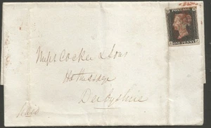 PENNY BLACK (i J) 4M en portada enviado Manchester al Derby el 18 de octubre de 1840 - Imagen 1 de 2