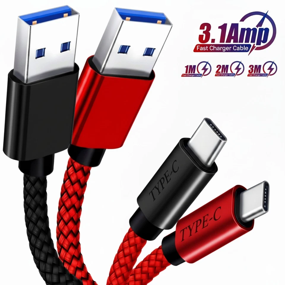 USB A to Type C Cable 3A 66W Fast Charger Braided Long USB C Lead 0.25M 1M 2M 3M - Image 1 of 1