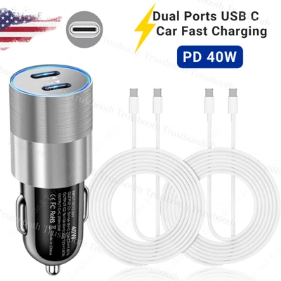Car Charger 40W Dual USB-C Fast Adapter PD Cable For iPhone 15/16/17 Air/Samsung - Image 1 of 4