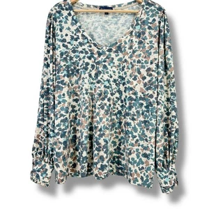 Democracy Wide V-Neck Floral Camo Print Shirt Plus Sz 1X Teal Mocha Long Sleeve - Picture 1 of 7