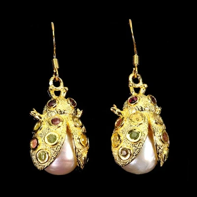 925 Sterling Silver Earrings Round Tourmaline Pearl Gemstone Ladybug Jewelry - Image 1 of 4