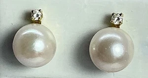 PEARL DIAMOND PIERCED 14K YELLOW GOLD EARRINGS - 7MM (J1231) - Picture 1 of 6