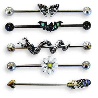 Barra Industrial 14g Mariposa Murciélago Serpiente Margarita Flor Flecha Pluma Foto 1 de 4