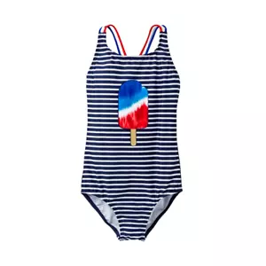 Costume da bagno ragazze Cat & Jack a righe blu ghiacciolo Racerback Patriotic UPF 50+ nuovo - Foto 1 di 12