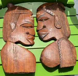 17 Zoll handgeschnitzte afrikanische Holzbüste Paar Plaketten männlich weiblich weiße Intarsien Vintage Kunst - Bild 1 von 11