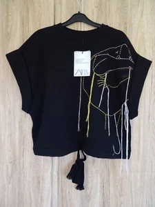 ZARA "STUDIO" BLACK CROPPED LOOSE FIT EMBROIDERED SWEATSHIRT TOP SIZE XS-S - Picture 1 of 12