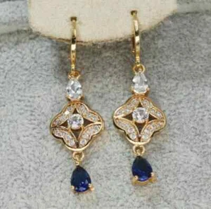 Art Deco Stil Lab Created Diamant Saphir Hochzeit Ohrringe 14K Gelbgold FN - Bild 1 von 5