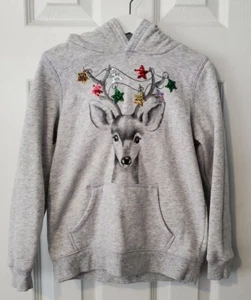 Christmas Deer Sweatshirt Girls Size 6 Small Gray Antlers Lights Sonoma Hoodie - Picture 1 of 5