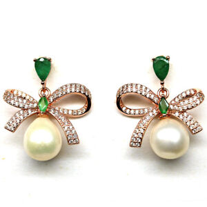 NATURAL WHITE PEARL, GREEN EMERALD & CZ EARRINGS 925 STERLING SILVER