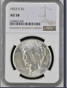 1923 S Peace Silver Dollar - NGC AU 58 B134 - Picture 1 of 2