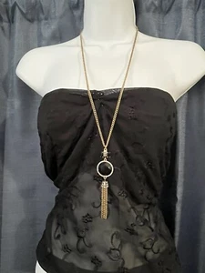JCrew Antiqued Goldtone Chain Rhinestone Pendant With Tassel Clear Black Gray - Picture 1 of 9