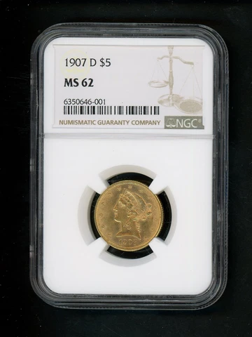 1907 D US $5.00 Gold Liberty $5.00 Eagle NGC MS 62 UNC Well Struck Orig Surfaces Cover