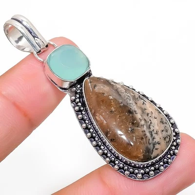 Pendente In Argento Sterling 925 Con Gemma Di Calcedonio Dendritico 2.36" - Immagine 1 di 4