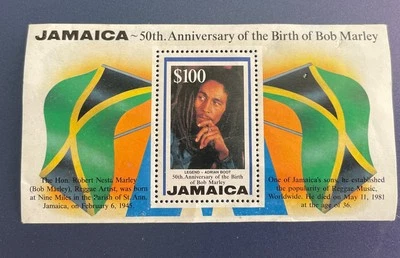 Nuevo. Estampilla de $100 de Jamaica - 50 aniversario del nacimiento de Bob Marley. Foto 1 de 4