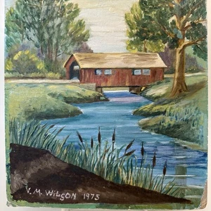 Vintage 1970s Folk Art Covered Bridge Stream Landscape Painting Signed 12 X 9 - Picture 1 of 15