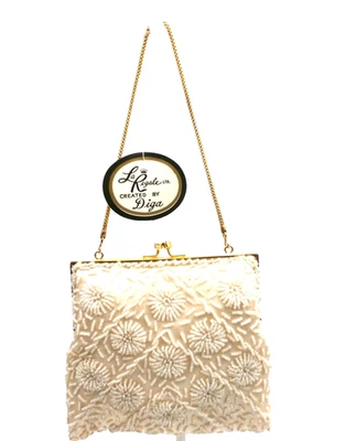 VTG 60s La Regale Beaded Satin Evening Bag Off White Purse NOS Diga Floral - Image 1 of 4