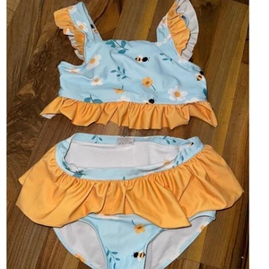 Girls Two-Piece Blue Yellow Bees Ruffle Swimsuit Size 8-9 youth girls - Picture 1 of 8