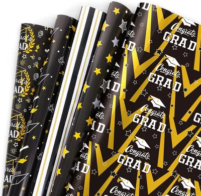 12 Sheet Graduation Wrapping Paper Congrats Grad Gift Wrap Paper 5 Designs Black - Image 1 of 4