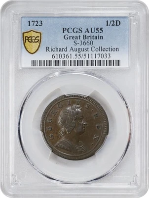 АНГЛИЯ ДЖОРДЖ I 1723 1/2D ПОЛОВИНА ПЕННИ МОНЕТА, ПОЧТИ UNCIRC. PCGS СЕРТИФИЦИРОВАННЫЙ AU55 - Изображение 1 из 4