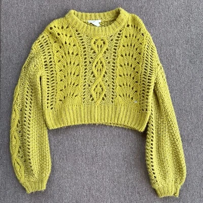 urban outfitters cropped knit sweater yellow green chartreuse size small alpaca  - Image 1 of 4