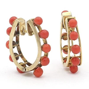 Vintage 10K Yellow Gold Red Coral Beaded Huggie Hoop Earrings - Picture 1 of 6
