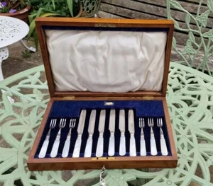 12 BEAUTIFUL CASED MOTHER OF PEARL HANDLED SILVER PLATED FRUIT KNIVES & FORKS - Picture 1 of 23