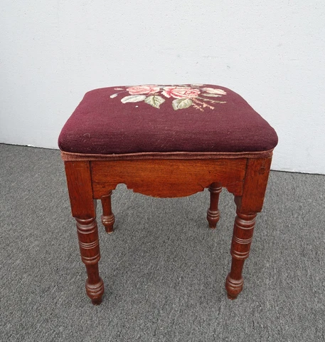 Vintage French Provincial Burgundy Needlepoint Tapestry Bench ~ Foot Stool Cover