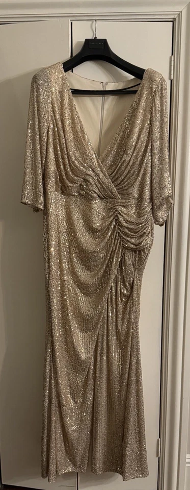 Vestido IEENA Mac Duggal Baile de graduación Talla 20 Crema Beige Lentejuelas Formal Madre Hermana Novia Foto 1 de 4