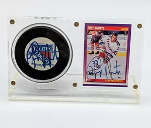Tarjeta de puntuación autografiada por Tony Amonte Top Prospect 1991 y disco de los New York Rangers - Imagen 1 de 4