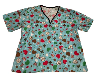 Expo Womens Scrub Top Medical Uniform V-Neck Multicolor Valentine Heart Cat 1X - Image 1 of 4