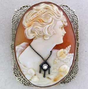 Antiguo broche prendedor de oro blanco de 14K con camafeo y diamante (11,8 g, 1,75") - Imagen 1 de 12