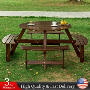 8 People Outdoor Round Picnic Table Set w/4 Built-in Benches & 2'' Umbrella Hole - Picture 1 of 19