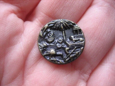 Vintage 9/16 Inch Metal Picture Button, Animal, Bird, Tree, Building - D27 - Image 1 of 4