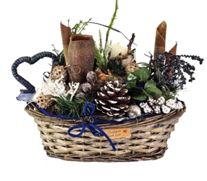 Künstliche Blumen Grabgesteck Korb Blau Kunstblumen Friedhof Baumwolle Strohherz - Bild 1 von 15