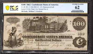 1862 $100 WILLIAM GOODWIN SIGNED T-39 CONFEDERATE STATES NOTE PF-5 PCGS UNC (626 - Picture 1 of 2