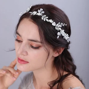 Boho Bridal Flower Leaf Headband Crystal Pearl Hair Vine Handmade Wedding Bri... - Picture 1 of 5