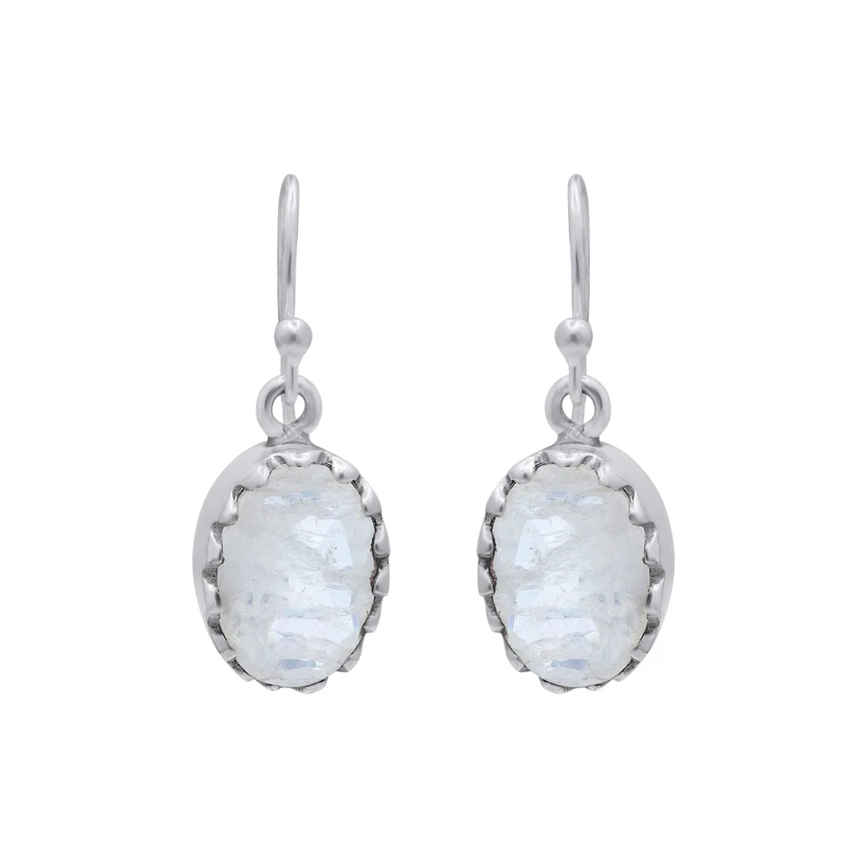 Pendientes colgantes de plata de ley 925 con piedras preciosas ovaladas de piedra lunar arco iris natural Foto 1 de 1