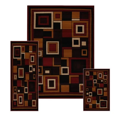 Red Modern Geometric Squares 3 Pcs Area Rug Contemporary Runner Combo Mat Set - Image 1 of 2