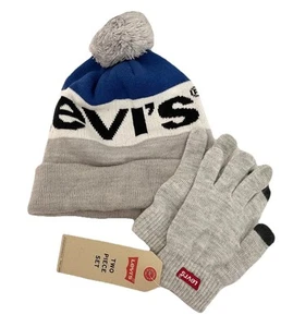 Boys Levi’s Beanie Hat Toboggan & NWT Gloves Winter Fall Gray Blue White - Picture 1 of 5