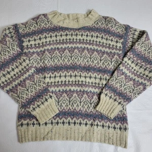 Vtg 90s ALPS New England Wool Fair Isle Knit Sweater Cream Cabin Cottagecore M/L - Picture 1 of 7