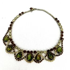 Statement Necklace Rhinestone Jelly Belly Glass Stones Green Brown Clear Unsigne - Picture 1 of 9