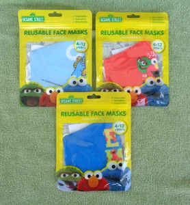 Lot 3 Sesame Street Reusable Face Masks- Child 4-12 Years- Blue, Red, Light Blue - Picture 1 of 3