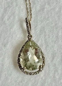 10K Gold Teardrop Green Amethyst & Sapphire Pendant Necklace 18” Lot#613 - Picture 1 of 13