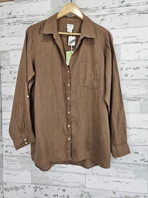 Camisa Sigrid Olsen 100 % lino manga larga abotonada marrón para mujer grande Foto 1 de 4