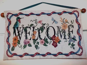 Vintage Hummingbird Flowers & Dragonfly Welcome Tapestry Wall Hanging 13" x 8" - Picture 1 of 3