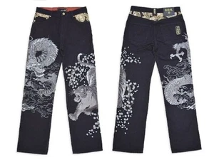Karakuri Tamashii Men's Denim Jeans Wafuu Japanese Embroidered Black 36 Unused - Picture 1 of 4