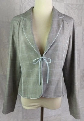 Nine West Romantic Check Crop Jacket Black Plaid Blue Satin Bow & Piping Retro 8 - Image 1 of 4