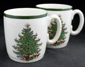 Cuthbertson Christmas Tree Wide Green Band Group of 2 Mugs Ribbed Base - Picture 1 of 5