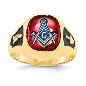14k Yellow Gold Men's Synthetic Ruby Masonic Ring Y1583M Size 10 - Picture 1 of 3