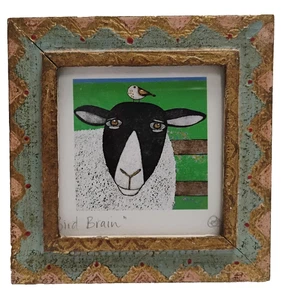 VTG Sheep W Bird Perched On Head "Bird Brain" Enhanced Print Pencil Signed 5X5 - Picture 1 of 8